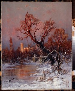 No Parque do Palácio Gatchina, perto de São Petersburgo. Descrição de um lago congelado com degraus de pedra e árvores desnudadas, com o palácio ao fundo, iluminado pela luz quente do de Julius Sergius Klever