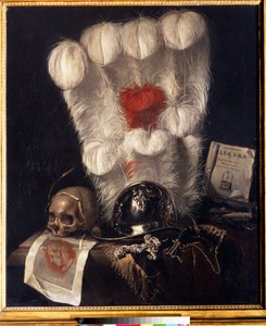 Vaidade com caveira rodeada por uma espiga de trigo, capacete, punhal (ou espada), chifre, penas e uma cópia de "Electra" de Sófocles. Pintura de Jurlaen van Streeck (1632-1687). Óleo sobre tela, 98 x 84 cm de Jurian van Streeck or Streek
