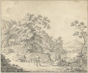 Paisagem com uma barcaça contendo um pastor de ovelhas com o seu rebanho de Jurriaan Andriessen (attributed to)