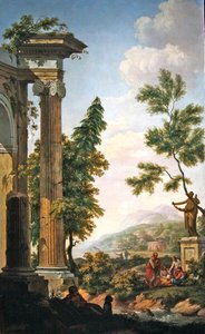 Paisagem arcadiana com ruínas e figuras clássicas às margens de um rio (óleo sobre tecido)