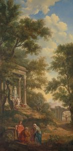 Paisagem árcade com um templo à esquerda e um velho sentado em primeiro plano de Jurriaan Andriessen