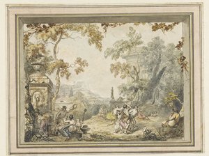Design de pintura de quarto: paisagem idílica da Arcadian com edifícios clássicos