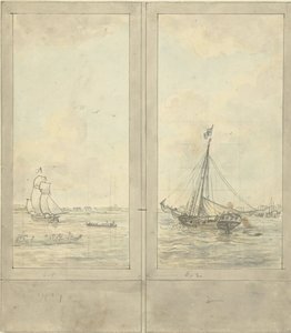 Desenho para dois papéis de parede: rio com navios na Holanda de Jurriaan Andriessen
