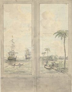 Desenho para dois wallpapers: rio com navios nas colónias de Jurriaan Andriessen
