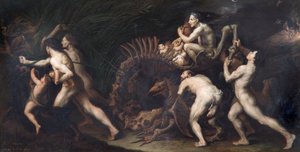 La Carcasse : Uma bruxa a ser puxada sobre o esqueleto de um monstro, pré c.1620 (óleo sobre cobre) de Jusepe de Ribera