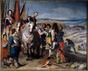 Trinta anos de guerra (1618-1648). O governador holandês entregou as chaves ao Marquês de Balbases, Ambrosio de Spinola (1569-1630), que se apoderou de Juliers em 1622. Pintura de Jusepe Leonardo (1601-1656) de Jusepe or Jose (c.1605 1656) Leonardo