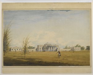 Uma casa europeia em Madras, um palanquim e uma carruagem à porta, um transportador de água em primeiro plano de Justinian Gantz