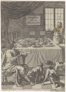 Zoilus está sentado em uma mesa posta De Gustibus non est disputandum (título no objeto) de Justus van den Nijpoort