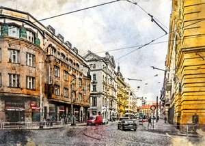 Rua com elétricos europeus em aguarela de Justyna Jaszke