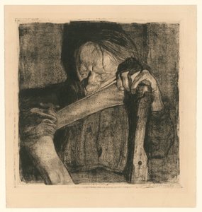 A afiar a foice (folha 3 de «Guerra dos Camponeses», quinto estado) de Käthe Kollwitz