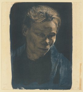 Retrato de meio-corpo de uma mulher trabalhadora com xaile azul de Käthe Kollwitz