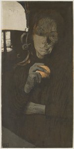 Retrato de uma mulher desconhecida com uma laranja por uma lâmpada
Frau mit Orange (título original) de Käthe Kollwitz