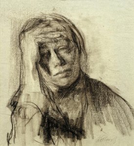 Auto-retrato com braço direito apoiado, mão na testa de Käthe Kollwitz