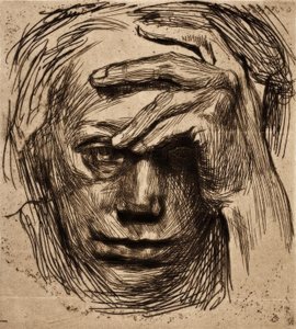 Auto-retrato com a mão na testa de Käthe Kollwitz