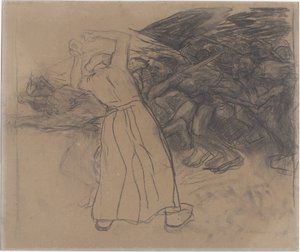 Mulher popular em pé incentiva o avanço do grupo de homens Losbruch (título original) de Käthe Kollwitz
