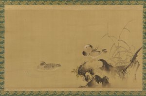 Patos mandarim em uma paisagem, período Edo, meados do século XVII e início do século XVIII.