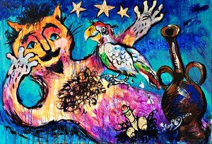 Gato e papagaio surrealistas de Kanat Ibragimov