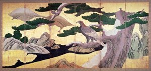 The Hawks in the Pines, tela dobrável de 6 painéis (caneta e tinta, cor, ouro no painel) (ver 216561)