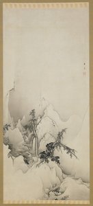Paisagem de inverno: uma ravina, período Edo, 1883 (tinta no papel) de Kano Hogai