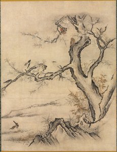 Flores e pássaros em uma paisagem de primavera, 1500s.