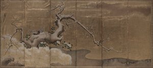 Cena de inverno com Plum Trees e Pheasants Birds Right, início dos anos 1600.
