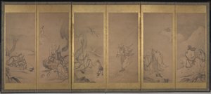 Patriarcas budistas, taoístas e confucionistas (tinta e folha de ouro sobre papel)