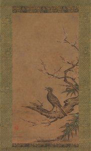 Bulbul de Orelha Castanha Hiyodori num ramo de Ameixa, de meados a finais do século XVI.