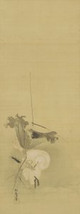 Garça e lótus, período Edo, meados do século XVII ao início do século XVIII (tinta e cor sobre seda)