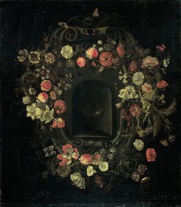Coroa de flores circundando um nicho de Karel Batist