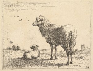Uma ovelha madura em três quartos vê em pé e olhando para a esquerda, ao lado dela está um cordeiro ..., ca. 1655