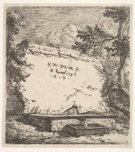 Frontispício com fonte escalonada, um muro de pedra com bico de água despejando água em um rec ..., 1652.