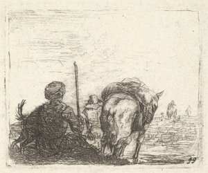 Cavalo de carga, homem sentado com cajado na mão direita e cachorro, todos vistos de trás ..., ca. 1641-78.