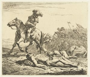 Campo de batalha com soldado a cavalo e dois mortos