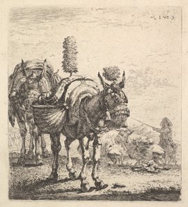 Duas mulas carregando cestos e equipadas com antolhos, plumas e borlas, um mu ..., ca. 1641-78.