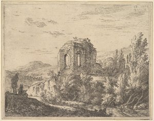 Vista de ruínas mostrando o canto de um edifício com duas janelas arqueadas, numa paisagem com..., 1658.