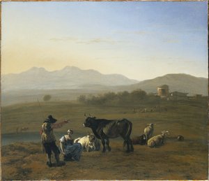 Uma paisagem extensa no Campagna romano, com gado e pastores, 1975