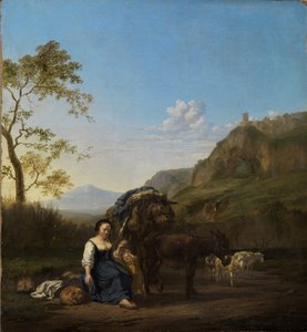 Camponesa a fiar numa paisagem montanhosa italiana de Karel Dujardin