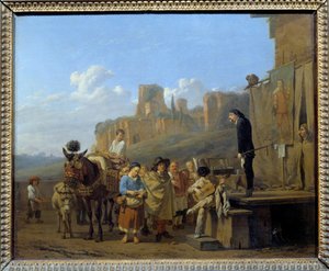 Os charlatães italianos Marchand e ambuland que vendiam drogas em praças públicas. Pintura de Karel Dujardin (1621-1678) 1657. Dim 0,44 x 0,52 m