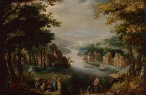 Descoberta de Moisés com um Casal Elegante, Servo e Caçador (óleo sobre madeira) de Karel van (circle of) Mander