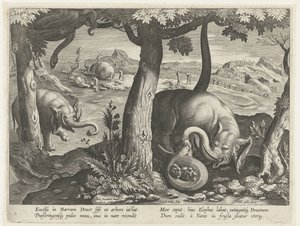 Elefante em luta com cobra
Cenas de caça (título da série)
Venationes Ferarum, auium, piscium pvgnae Bestiariorum (título da série) de Karel van Mallery (attributed to)
