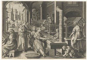 Enrolando a seda Introdução do bicho-da-seda e da produção de seda na Europa (título da série) Vermis Sericus (título da série no objeto)