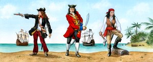 Anne Bonny, John Calico Jack Rackam e Mary Read, piratas do século XVIII.