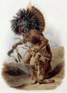 Retrato de Pehriska-Ruhpa, guerreiro Minatarre em traje de dança do cão, com um grande barrete de roupas coloridas e penas, um cachimbo feito com osso de asa de cisne, arco e flecha, gravura de René Bellet após desenho de Karl Bodmer feito durante a expedi