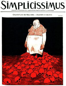 A capa da revista alemã Simplicissimus (cerca de ) retrata Churchill e um rio de sangue e caveiras. c.1940 (litografia)
