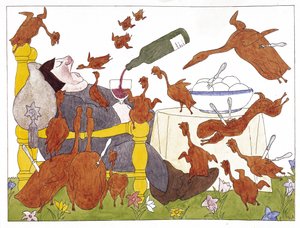 Ilustração de "Schlaraffenland" de Hans Sachs (1494-1576) (caneta e tinta e aguarela sobre papel)