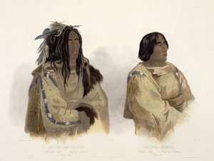 Mehkskeme-Sukahs, Chefe Blackfoot e Tatsicki-Stomick, Piekann Chief, placa 45 do Volume 2 de "Viagens no Interior da América do Norte", gravada por Allais, 1844 (aquatint) de Karl Bodmer