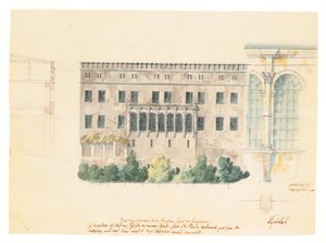 Um projeto para uma nova escada para a fachada norte do Schloss em Stettin, com um estudo subsidiário da loggia, um corte transversal da fachada e uma pilastra envolvida, c.1840 (lápis, caneta e tinta e de Karl Friedrich Schinkel