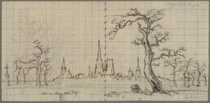 Vista de uma cidade com uma catedral elevada numa paisagem de Inverno de Karl Friedrich Schinkel