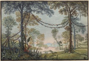 Armida. Ópera de Christoph Willibald Gluck. Projecto para o 3.º cenário. Bosque adornado com grinaldas à margem de um lago de Karl Friedrich Schinkel