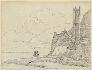Paisagem montanhosa com ruínas de torre e figuras de Karl Friedrich Schinkel